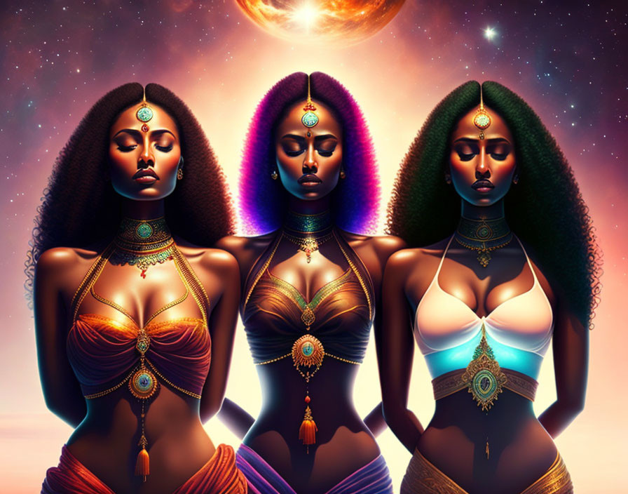 Stylized celestial women with elaborate jewelry in cosmic setting