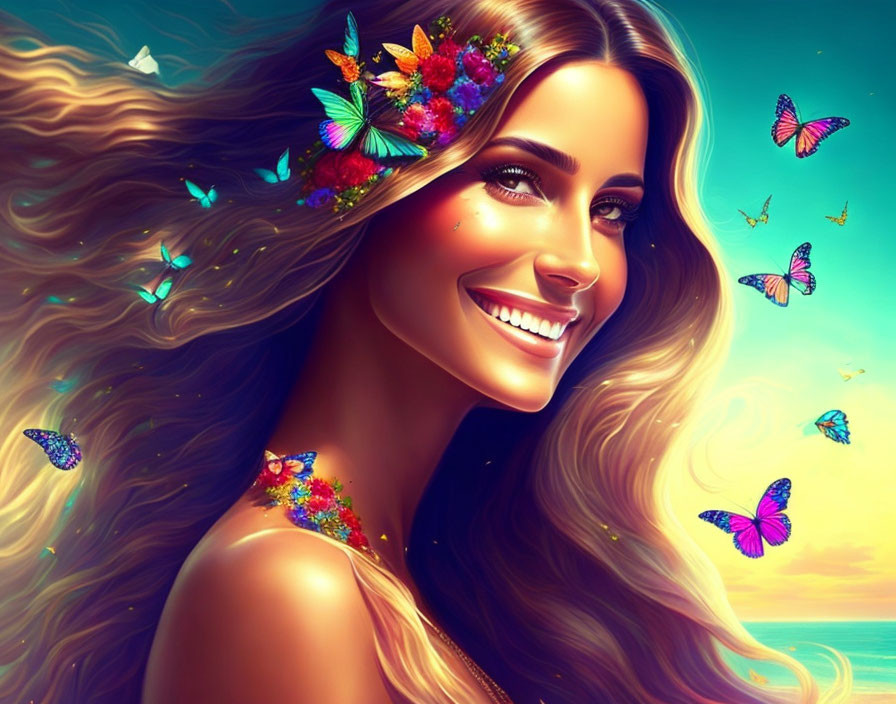 Colorful digital portrait of a smiling woman with butterflies and flower wreath on warm background