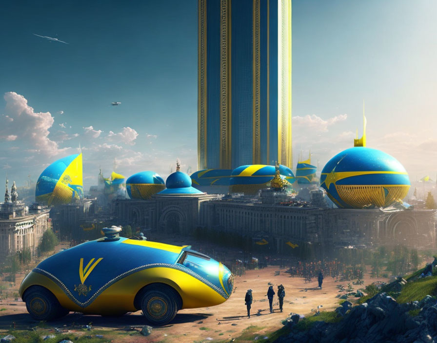 Futuristic Cityscape with Blue and Gold Structures, Flying Vehicles, and Pod-Shaped Car