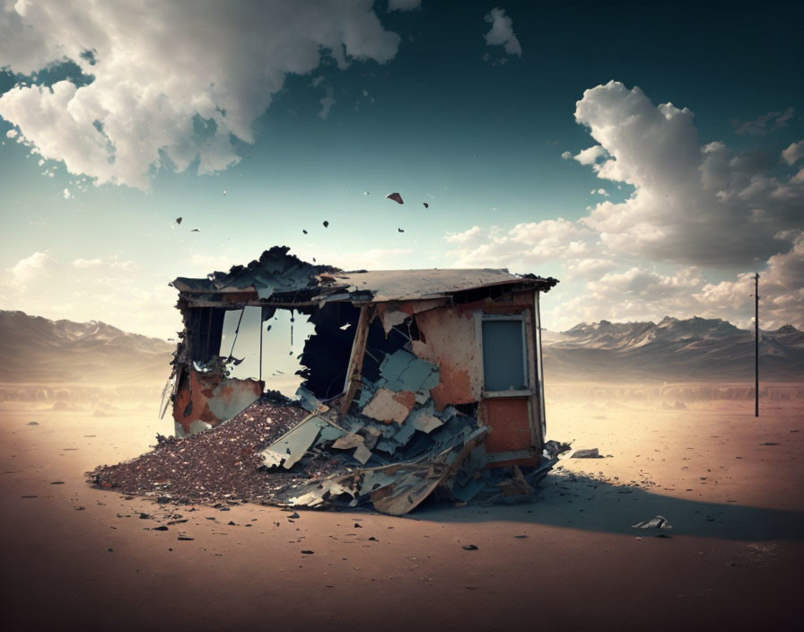 Desolate desert landscape with abandoned trailer and debris