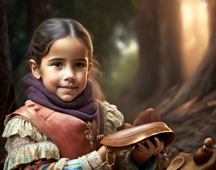 Young girl in colorful outfit holding leather pouch in sunlit wooded area