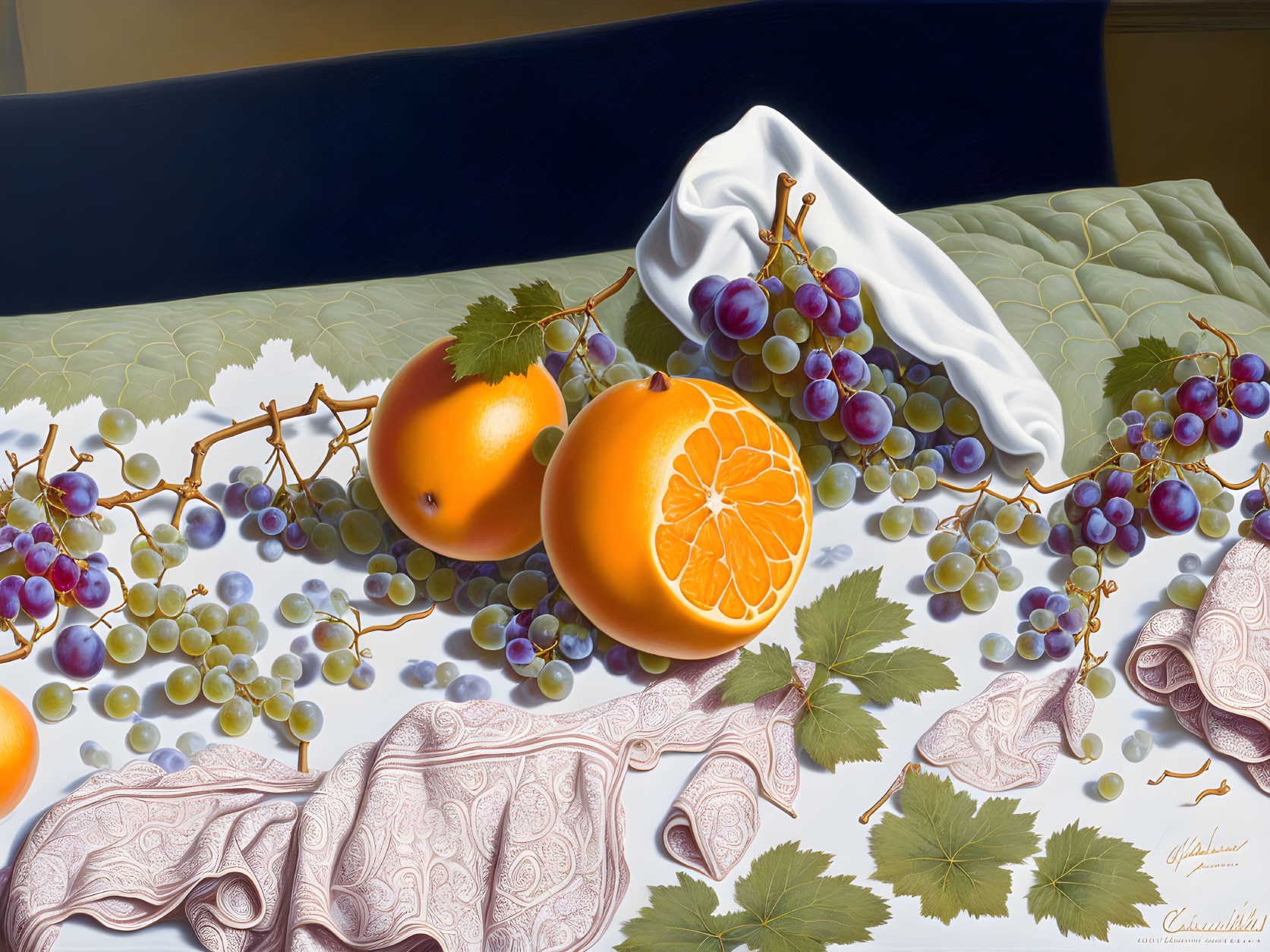 Hyperrealistic Painting of Oranges, Grapes, and Draped Cloth