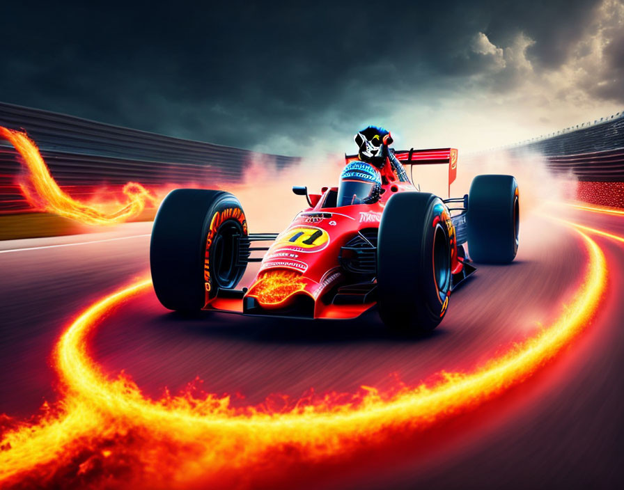 Fast Formula 1 car on fiery track under dramatic sky