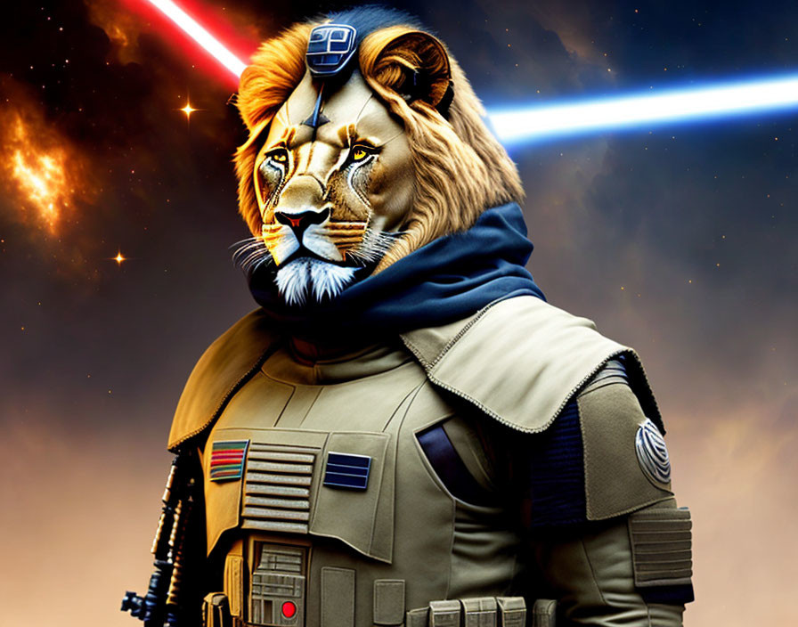 Lion-headed humanoid sci-fi warrior in cape against starry space backdrop