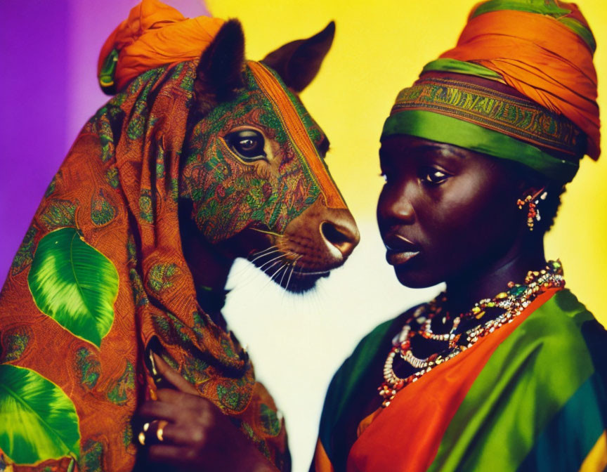 Woman in African attire with horse and body art on colorful background