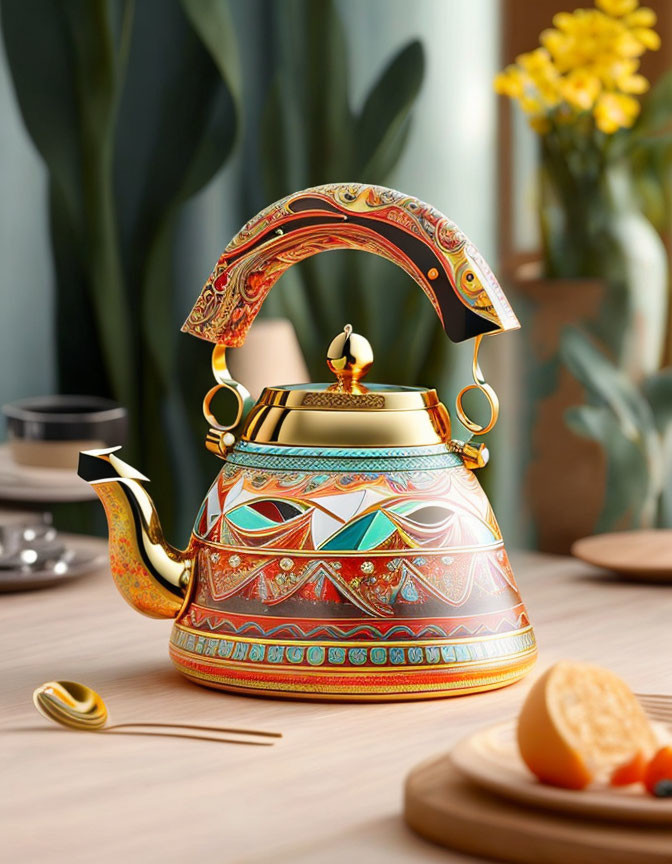 Colorful ornate kettle with gold accents, oranges, and flowers on wooden table