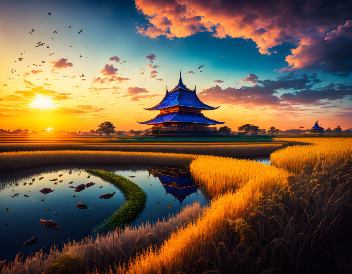 Traditional Asian Pagoda Reflecting in Water Amidst Golden Rice Fields at Sunset