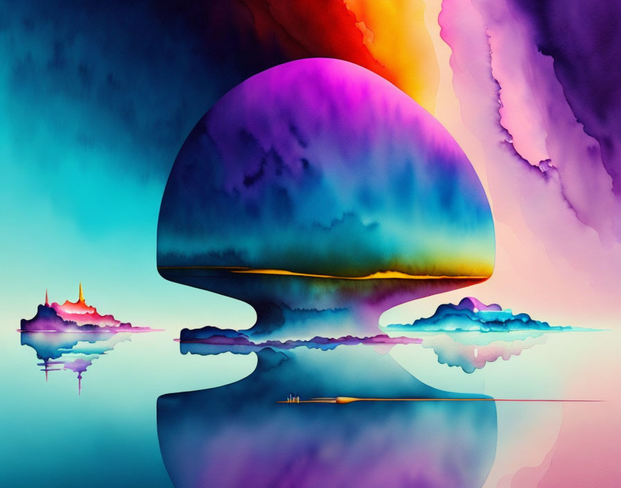 Psychedelic landscape with mushroom silhouette in vibrant digital artwork