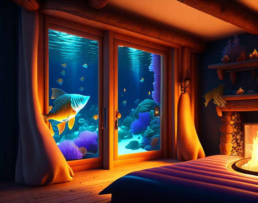 Underwater cabin with coral reef view and fireplace