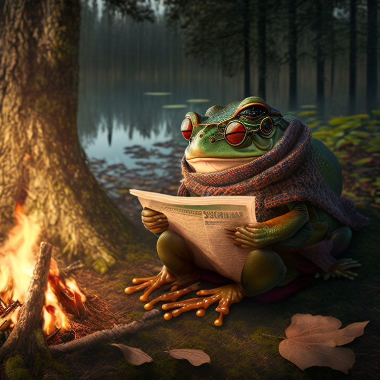 Stylized frog with glasses and scarf at campfire in forest dusk