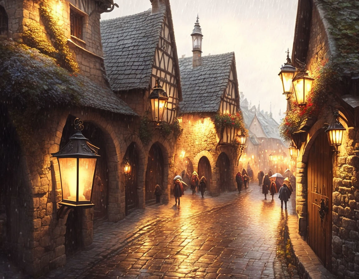 Old-time village cobblestone street with lit lanterns and rainy evening ambiance