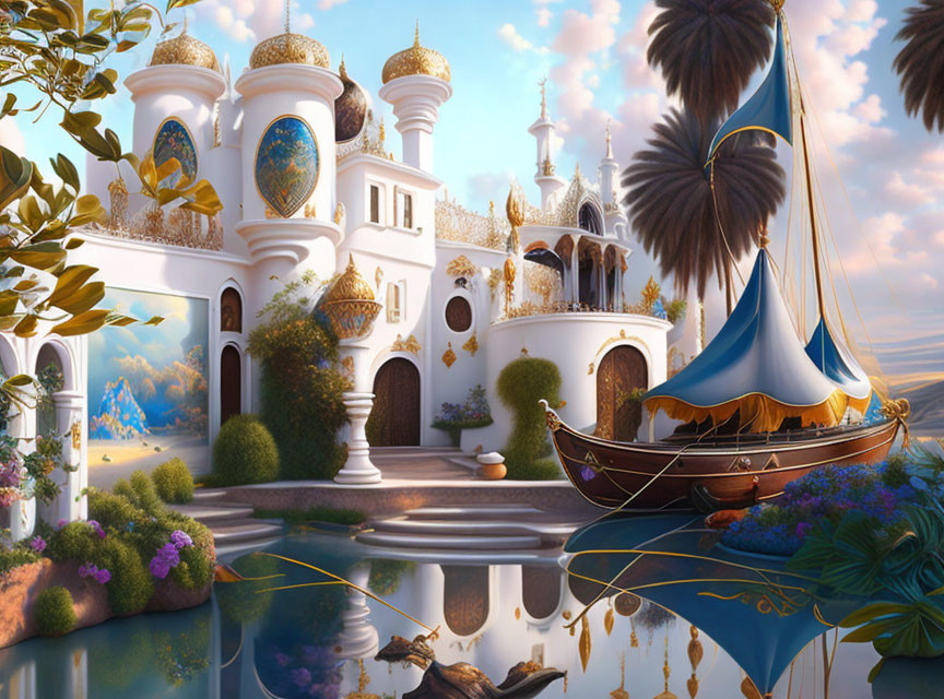 Ornate fantasy palace by calm waters with sailboat and lush flora