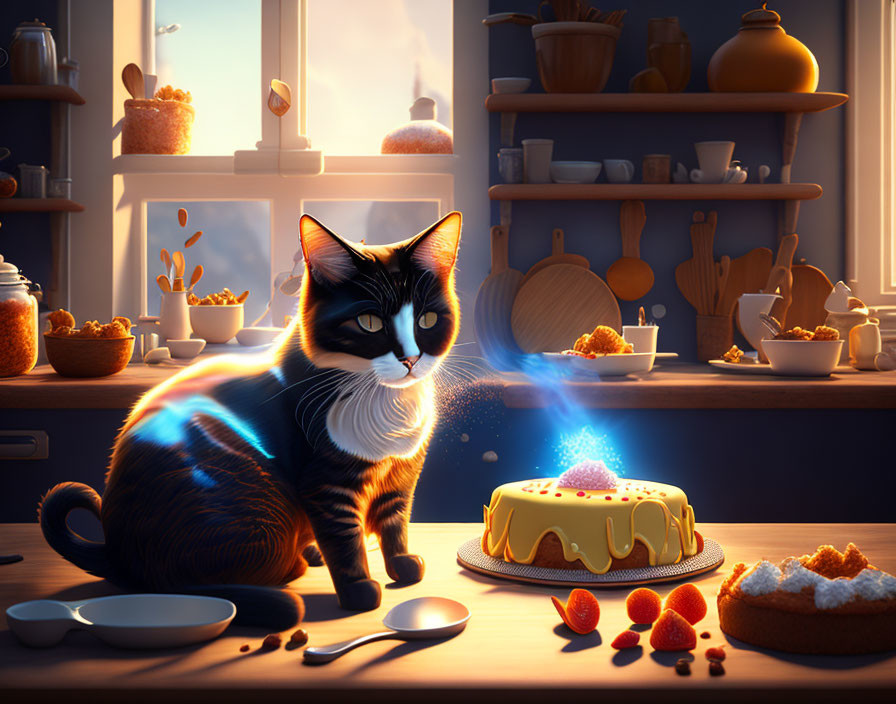 Glowing-eyed cat next to magical cake on sunlit kitchen counter
