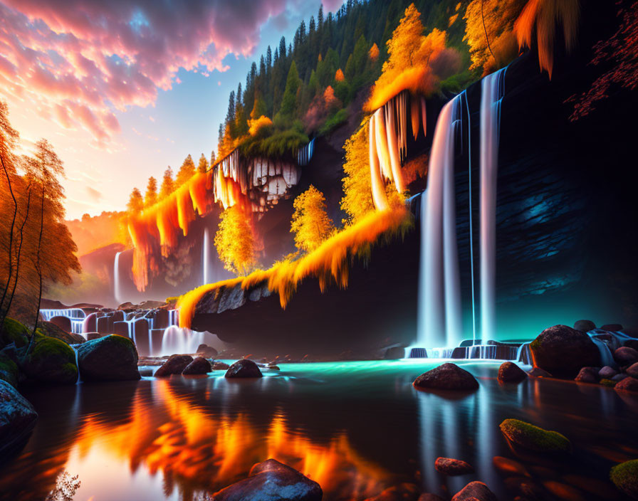 Scenic landscape with waterfalls, autumn trees, river, and sunset sky