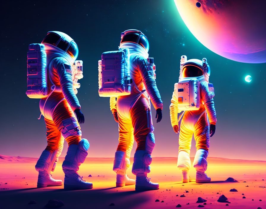 Astronauts exploring alien planet with large moon in purple and orange twilight sky