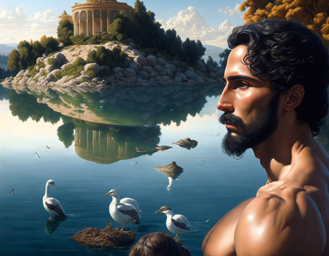 Classical painting of bearded man by serene lake