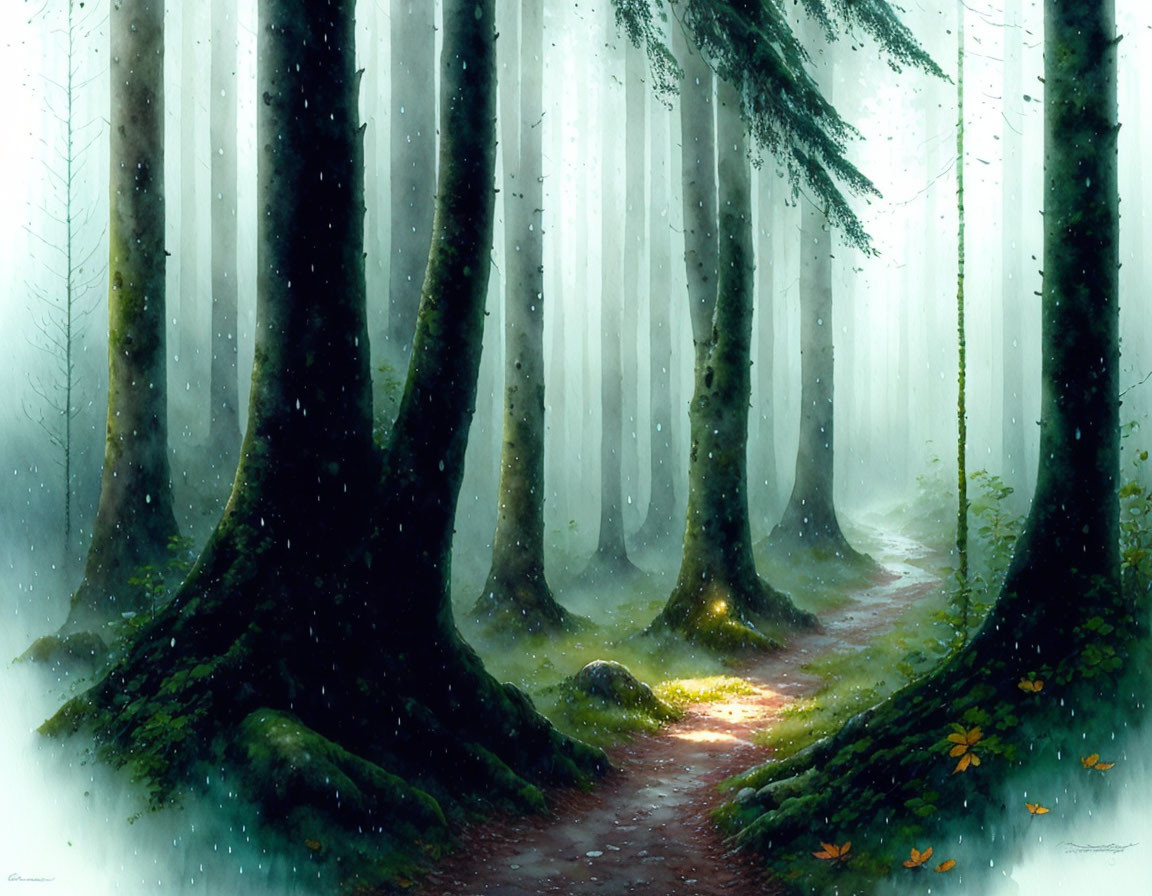 Majestic forest with towering trees, roots, path, and mystical fog