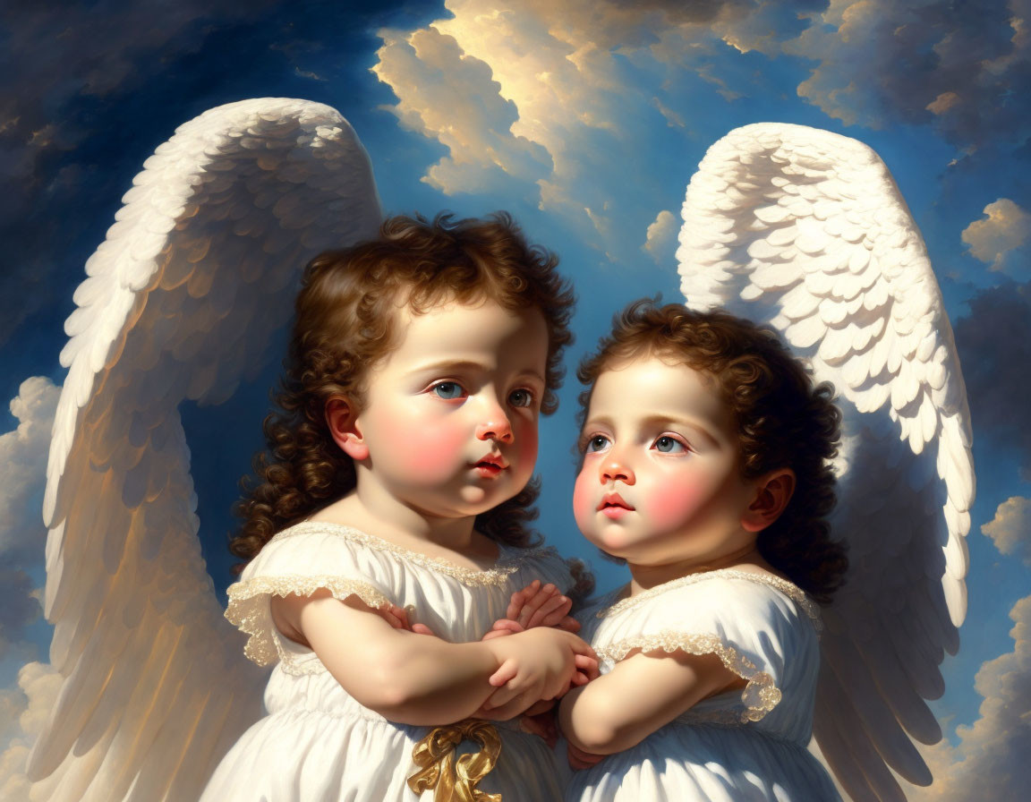 Cherubic figures with white wings in dramatic sky gaze at each other