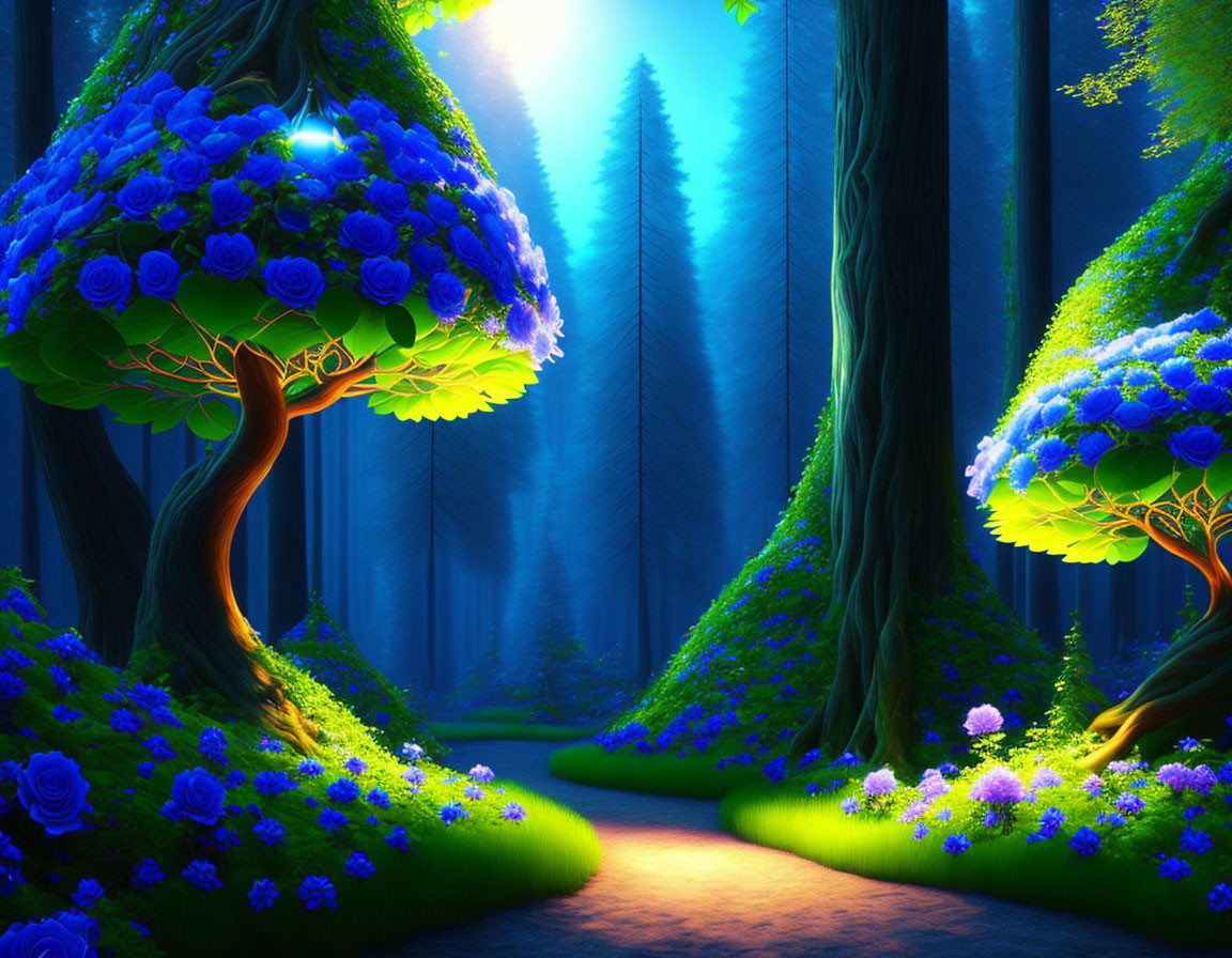 Enchanted forest digital artwork with luminescent trees and glowing path