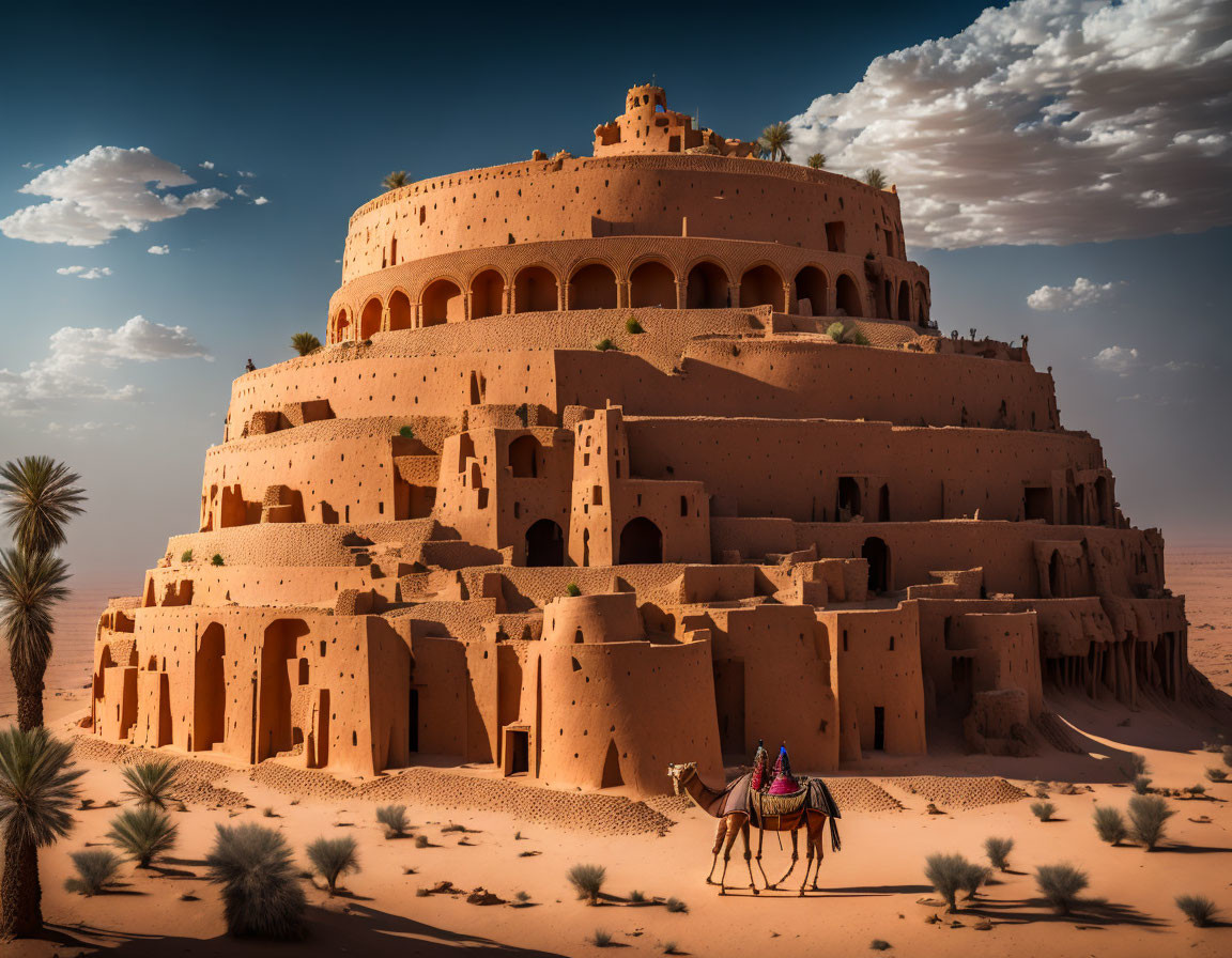 Camel rider near adobe fortress in desert landscape