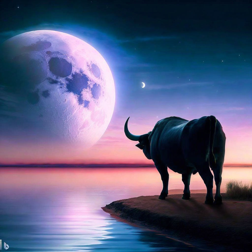 Bull at lakeshore under twilight sky with moons