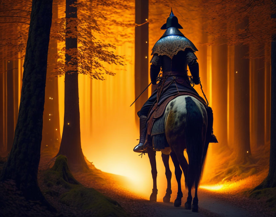 Knight in armor riding horse through golden-lit, foggy forest