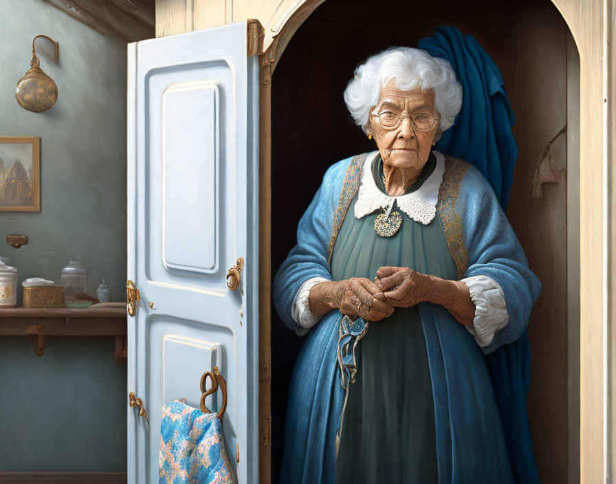 Elderly Woman in Blue Dress by Vintage Refrigerator