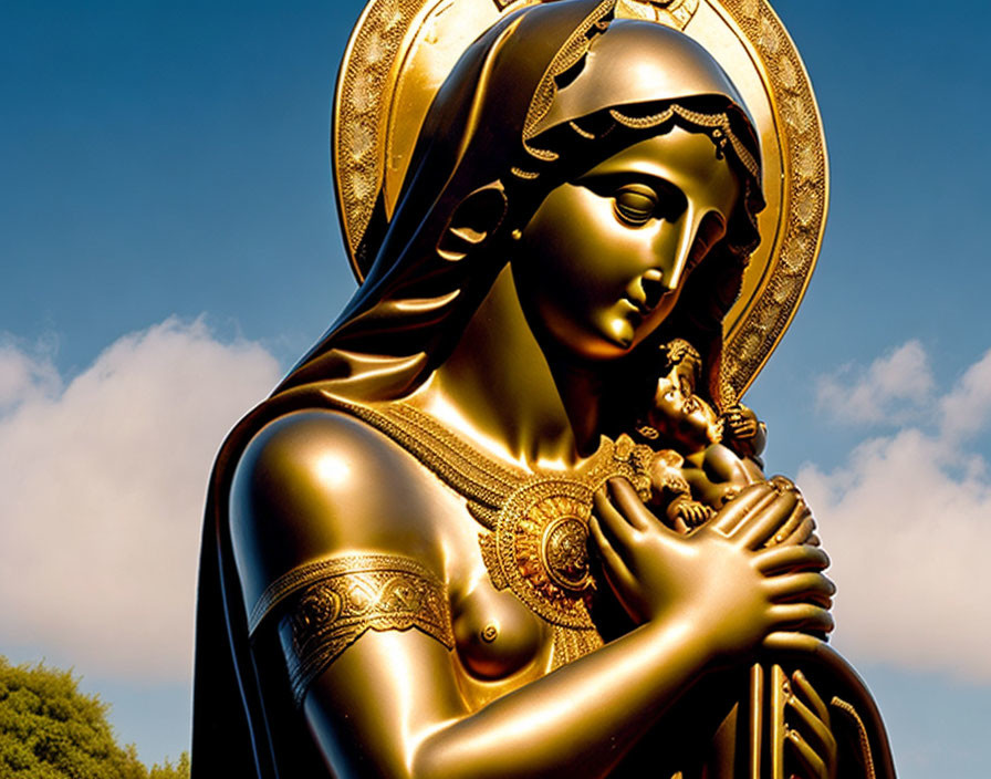 Golden Virgin Mary Statue Holding Baby Jesus Under Blue Sky