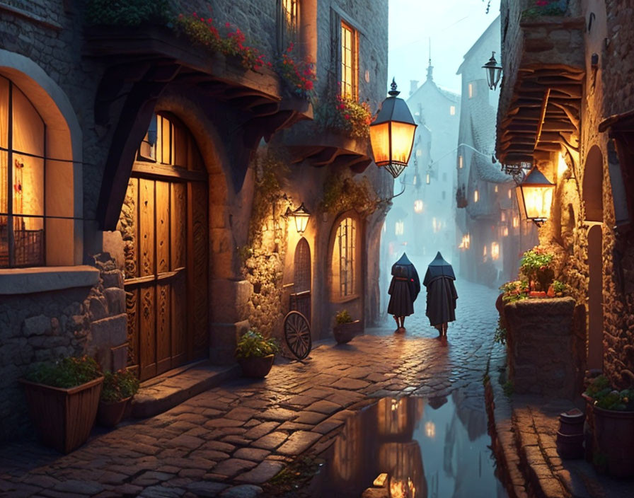 Two individuals in cloaks on cobblestone street at twilight