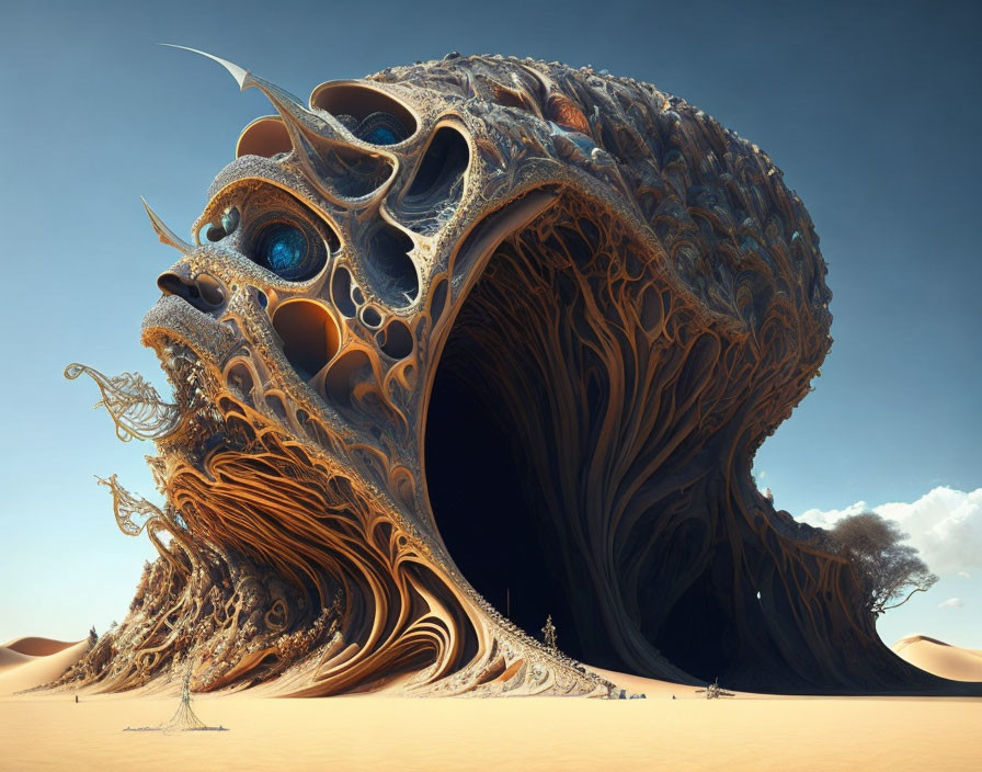 Intricate surreal organic face structure in desert landscape