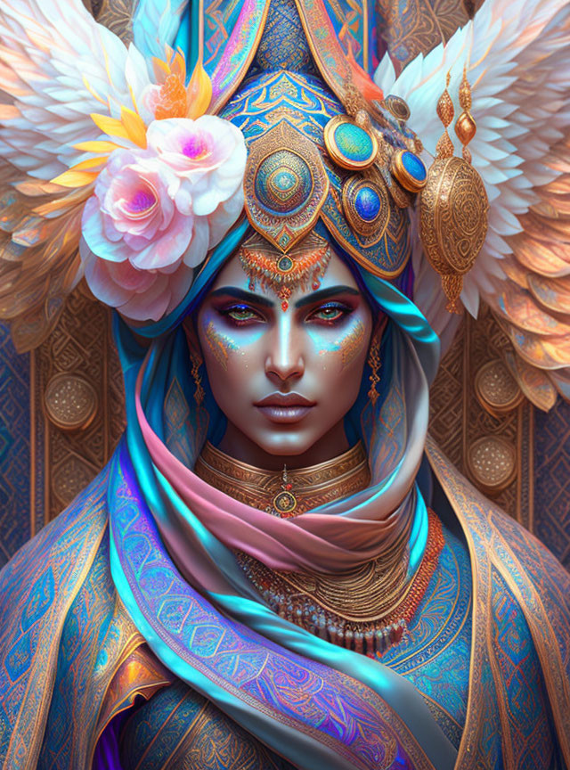 Colorful digital artwork of mystical figure with blue skin, ornate headpiece, angelic wings,