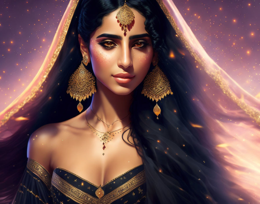 Illustration of woman with long black hair and gold jewelry on starry background