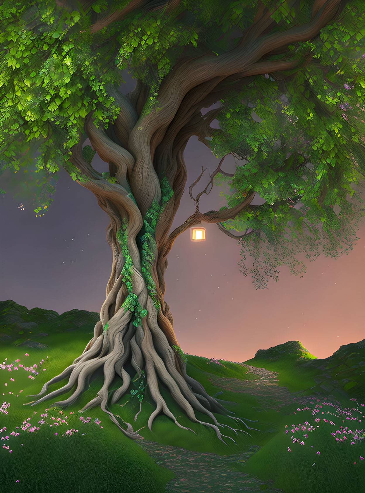 Whimsical tree with lantern in twilight sky and flowering meadows