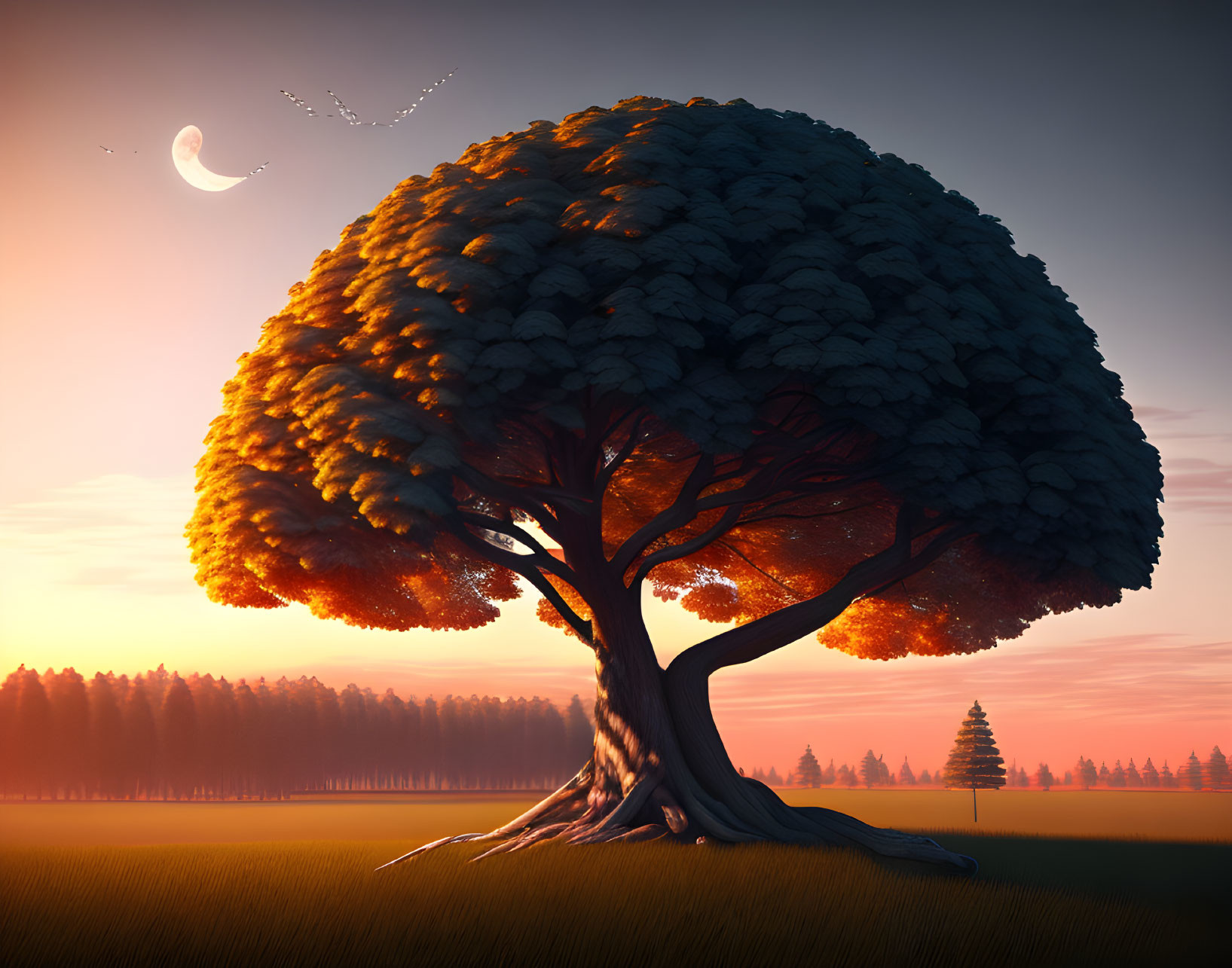 Vibrant sunset tree digital artwork with crescent moon and birds