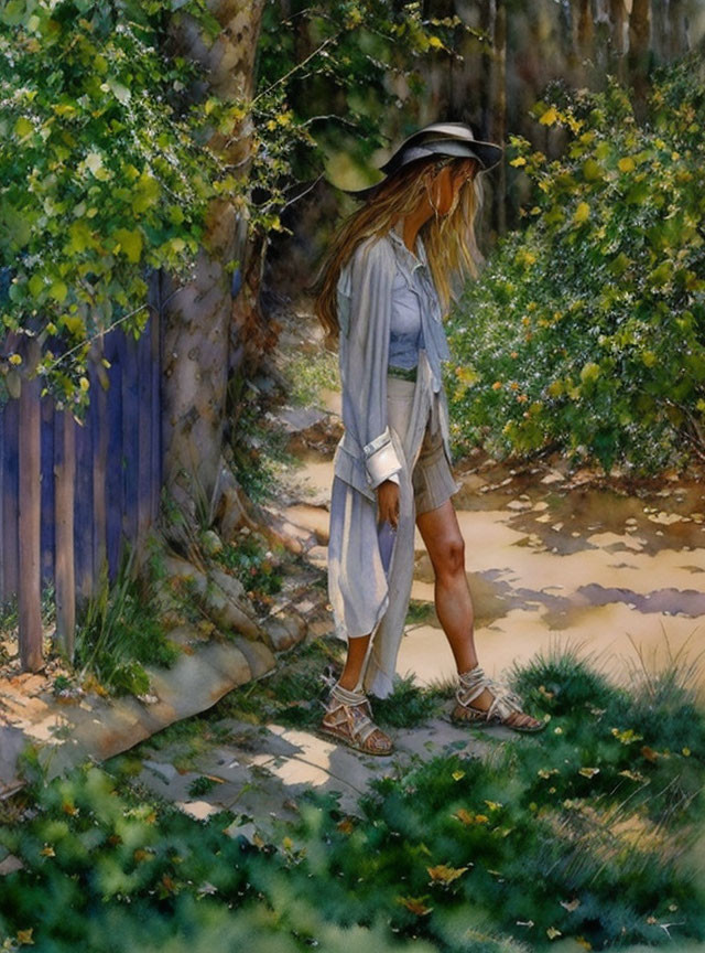 Person in Sunhat Stands by Blue Fence in Garden Path