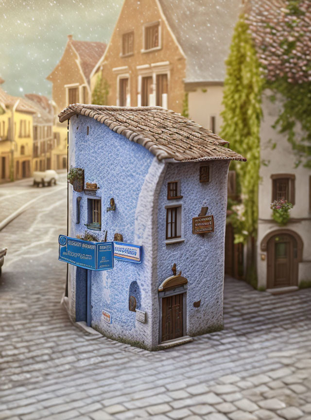 Blue two-story building with tiled roof in village intersection.