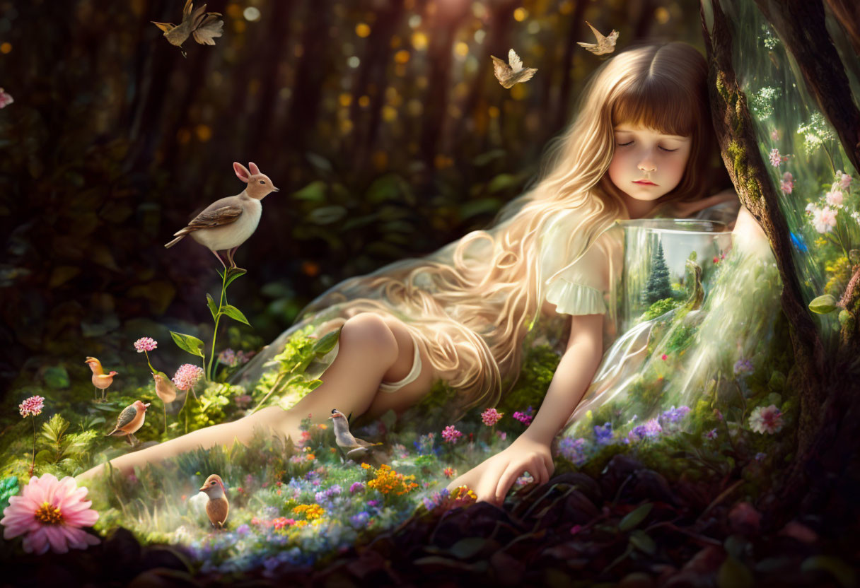 Young girl with blonde hair in forest clearing with birds and butterflies and magical jar.