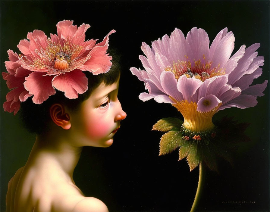 Surreal artwork: Child's profile with pink flower on dark background