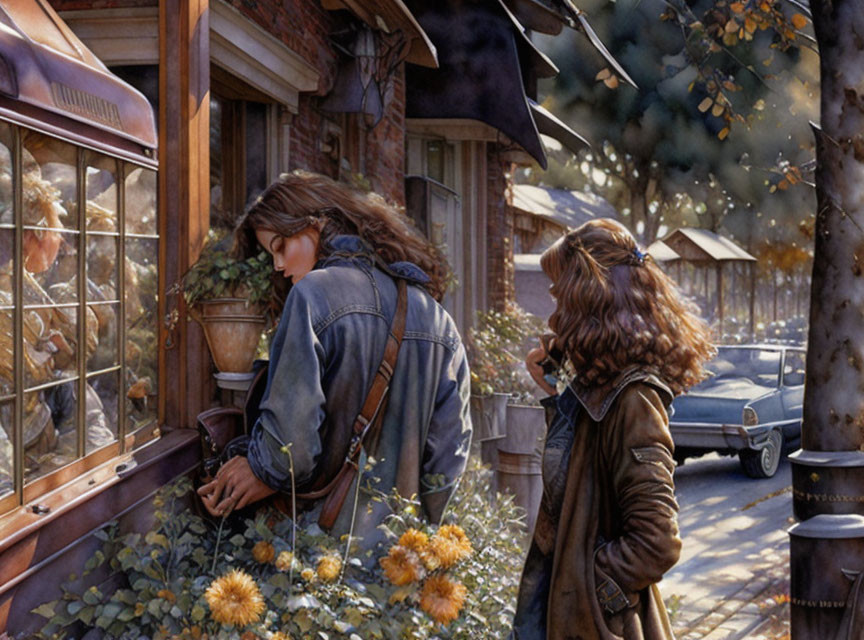 Two people observing a shop window on a sunny autumn day with falling leaves.