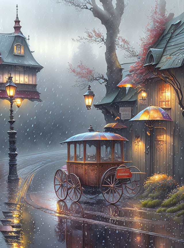 Vintage Carriage on Rainy Evening with Lit Streetlamps and Blooming Tree