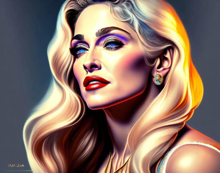 Blonde woman with bold makeup and earrings portrait.