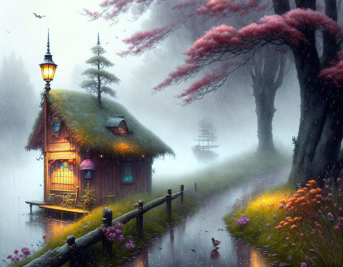 Cherry Blossom Cottage in Rainy Setting