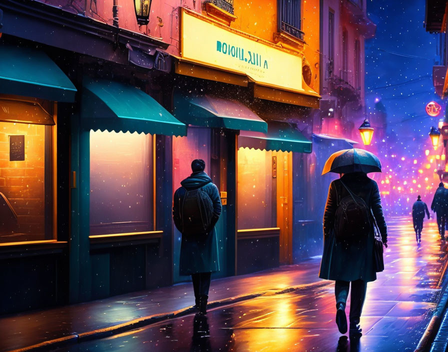 Night scene: Rainy street with illuminated shop sign, two pedestrians, one with umbrella, wet pavement