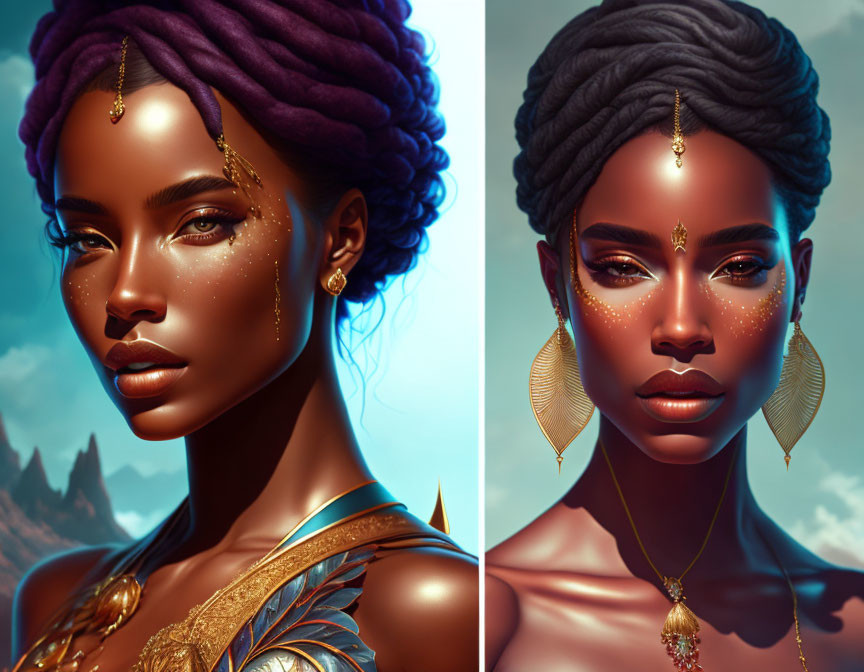 Woman's digital portraits: golden jewelry, tattoos, purple headwraps, surreal sky