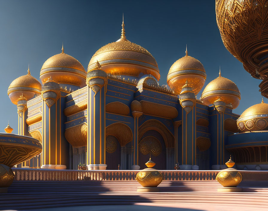 Golden domed palace with blue walls and intricate details under clear sky at sunrise or sunset