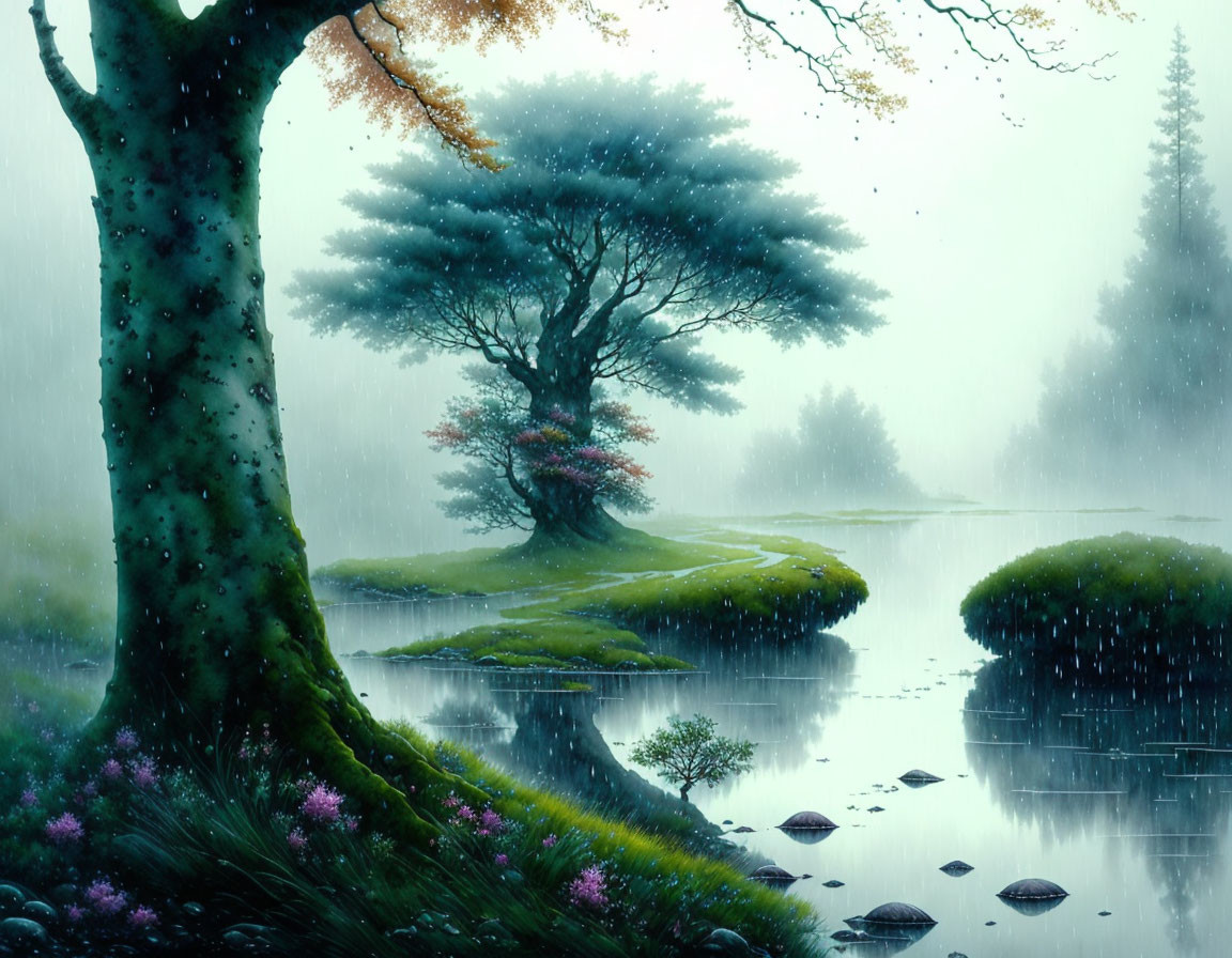 Tranquil landscape: vibrant trees in gentle rain by calm river