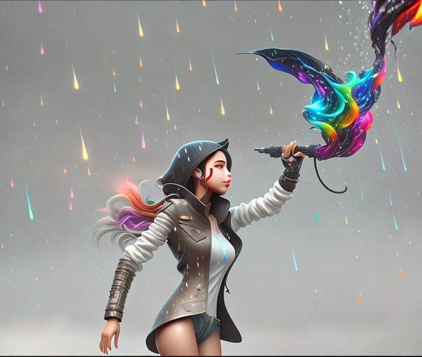 Animated female character with colorful sword in rainy background