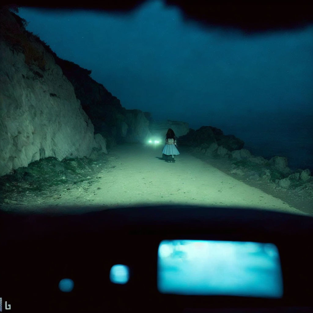 Person standing on dark road illuminated by headlights from car interior.