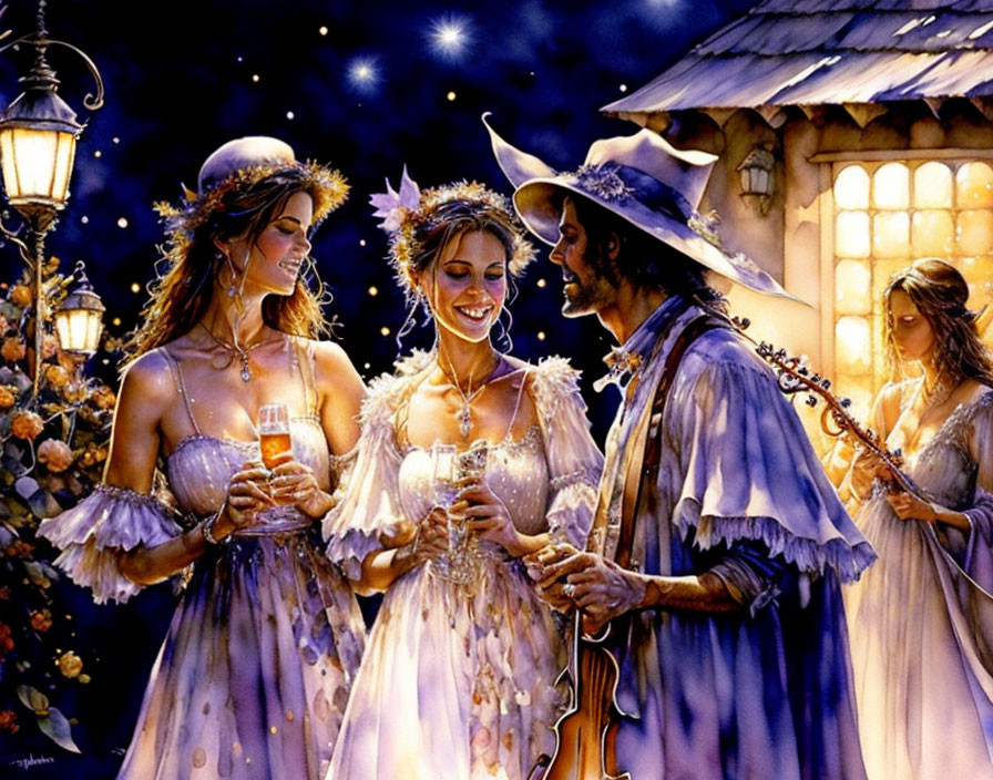 Illustration of Two Women and Man Toasting Drinks Outdoors