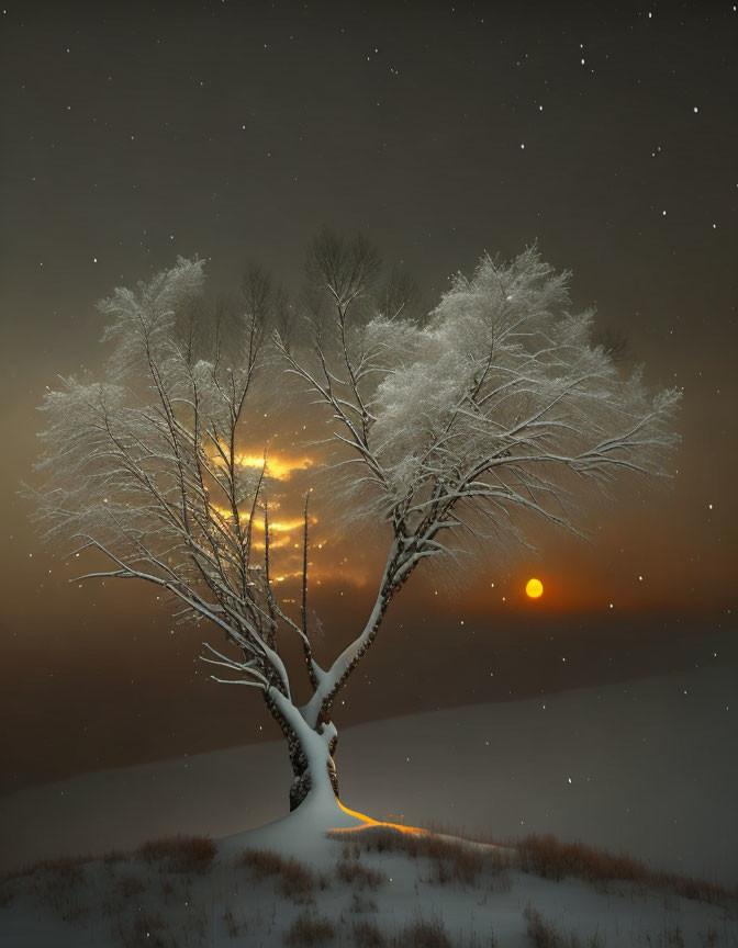 Snow-covered tree under starry sky with warm light on horizon